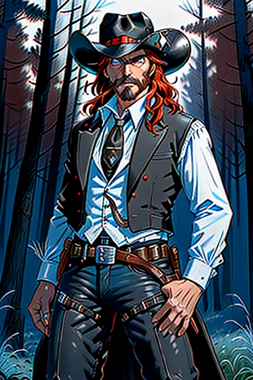 Old wild west, A badass cowboy riding his badass horse, ex-confederate officer for the C.S.A., black cowboy hat with white band and a feather, red hair, red beard, sharp blue eyes, gritting teeth, strong chin, a scar across his face, strong build, black cowboy outfit, long brown trench coat, black boot cut pants, two six shooter revolver pistols, one gun drawn, the other gun is in the holster, two gun holsters, gun belt with bullets line in, black cowboy boots with spurs, riding in the saddle of his black horse, in the forest, fending of a pack of wolves, ((high definition)), ((4k quality)), ((excellent lighting)), ((great shading)), ((pristine detail)), ((really clear picture)), ((beautiful vibrant colors)), ((accurate at lower prompt guidence)), ((ultra realistic)), (((five fingers per hand))), (((two arms per person))), (((two legs per person))),