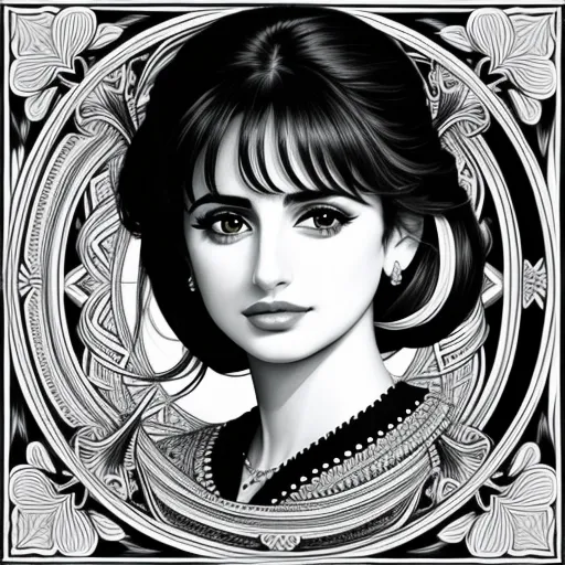 Line art drawing, Penelope Cruz, artist M C Escher