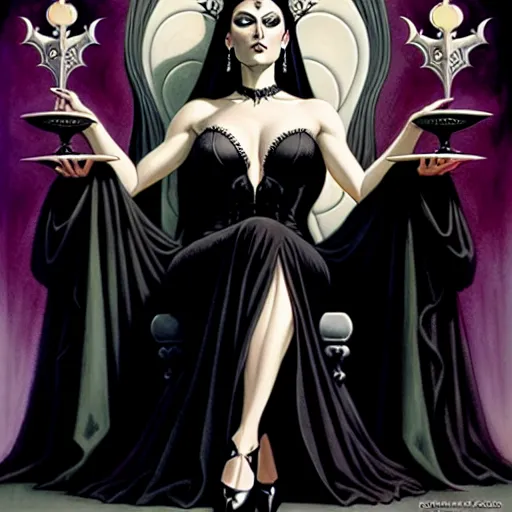 gerald brom art style, gothic princess wearing a BLACK dress, long black dress, low cut neckline, green eyes, seated on a throne, legs crossed, surrounded by kneeling demons