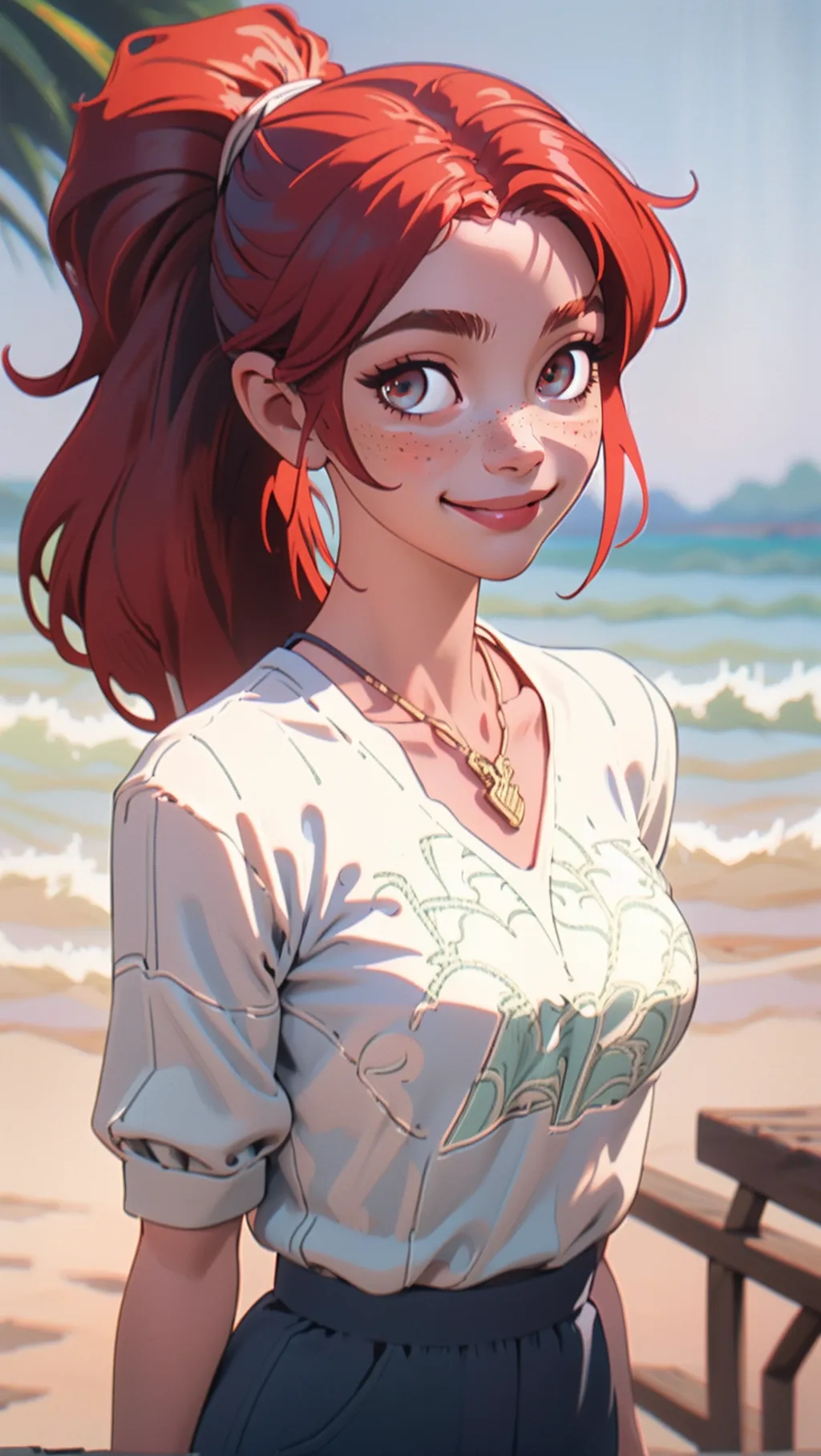 (masterpiece, best quality), 1girl, collarbone, wavy hair, looking at viewer, blurry foreground, upper body, necklace, contemporary, plain pants, ((intricate, print, pattern)), ponytail, freckles, red hair, dappled sunlight, smile, happy,