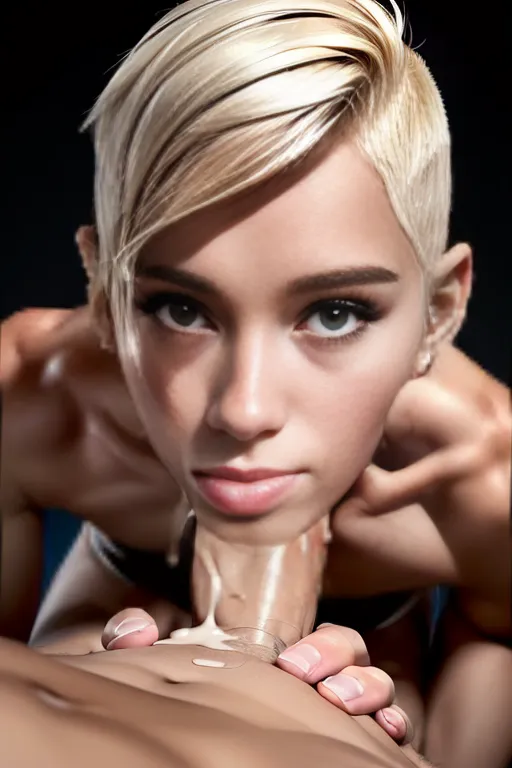 (tall athletic woman with muscular features), (androgynous face with angular features), nude, ((short butch blonde hair)), tattoos, (((small breasts))), (topless, wearing silver thong), (dpmg_pov_blowjob_v1, (woman on sucking large penis of a man, looking up at camera, deepthroat, cum oozing from mouth, cum splatter),
<lora:dpmg_add_detail:0.5>, ((masterpiece)), ((photograph quality)), ((realistic)), <lora:dpmg_3d_rendering:0.6>