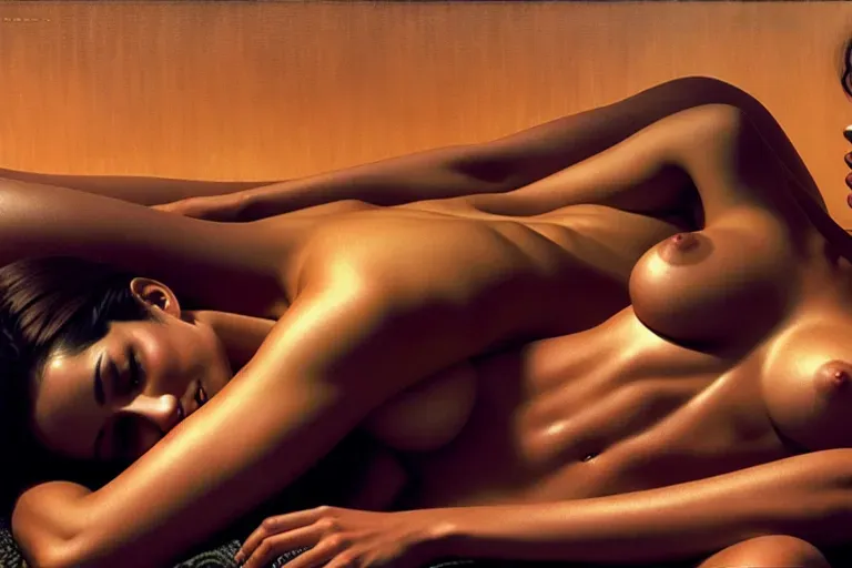 10 women, laying on each other, nude, slender, thinspo, very skinny, abs, large heavy breasts, prominent obliques, in the style of beksinski