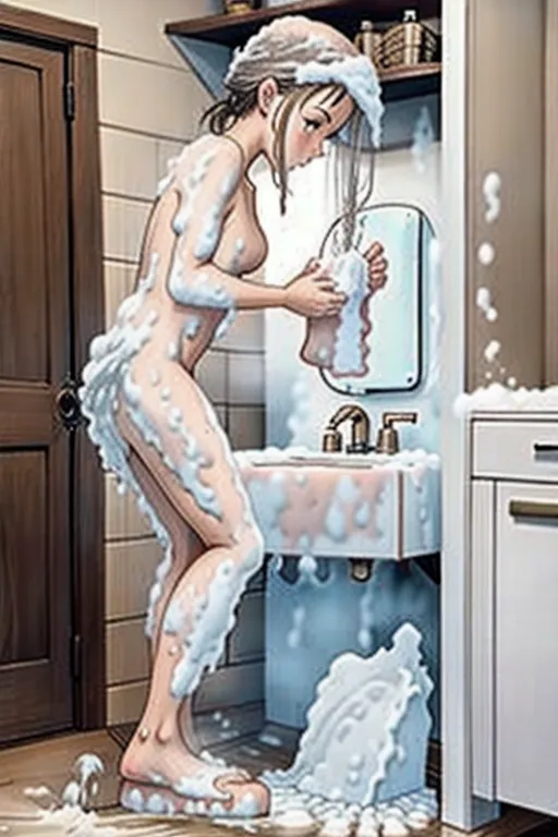 naked woman washing herself in front of the sink, (soapy:1.7) washcloth, (embarrassed:1.02)
