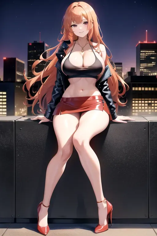 full body, strawberry blonde hair, brown eyes, short girl, red miniskirt, black high heels, looking at viewer, long hair, pale skin, silver necklace, black crop top, 24 years old, giant breasts, cute face, pov, wavy hair, city environment, Oklahoma City, wide eyes, erotic, skirt tug, leather jacket, nighttime, black backpack, slim body, sitting on wall, smiling, cleavage, f-cup breasts