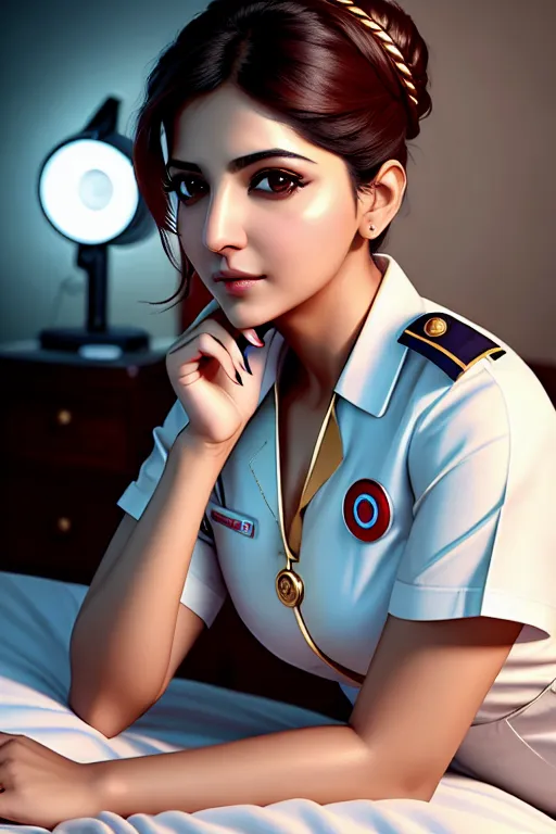 a digital art of,anushka sharma,wearing nurse clothes,on the bed,five slender fingers,updo hair,charming face,beautiful lips,curved eyebrows,peaceful,wearing golden ring,pixiv,studio lighting,cinematic lighting,highly detailed,smooth