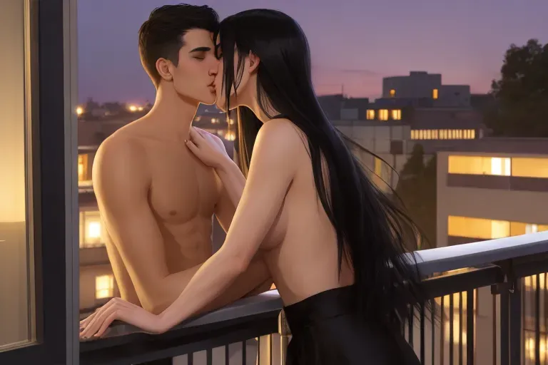 A beautiful slim flat chested transgender woman with long black hair nude with an expression of ecstasy on her face leaning over with her hands holding the railing of a balcony looking out on a city while a young handsome man fully dressed with short black hair stands behind her kissing her, softly erotic atmosphere, realistic photo, early evening light from outdoor lights on the balcony, the Moon is just beginning to show
