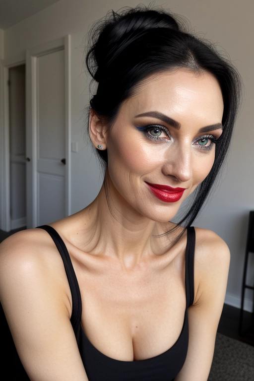 Closeup photo, gorgeous thin skinny girl, black hair worn in a tight bun worn behind her head with her hair pulled away from her face, flirting with me for sex, blue irises, full makeup, pale white skin, revealing black dress, lascivious smile, libidinous pose, natural medium breasts,
