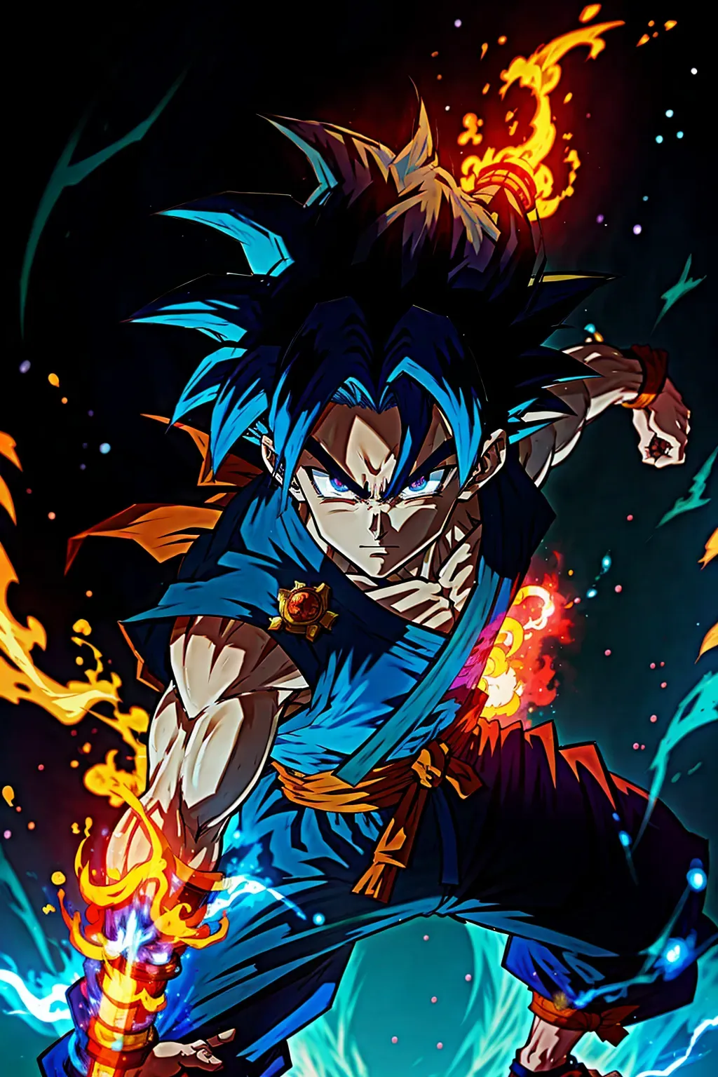 Goku, blue hair, anime, male, 8k wallpaper, best quality, detailed eyes, ultra hd, global lighting, hi-resolution, high quality, fighting pose, flames in the background
