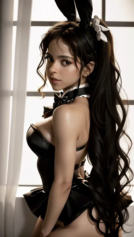 8k High resolution photoreal photography of Shakira, as a playboy bunny,
Natural skin, natural hair,
High Definition skin, high definition hair,
Wearing black strapless body, wearing white rabbit tail,wearing a black bow tie,
Back to the camera, looking in the camera,