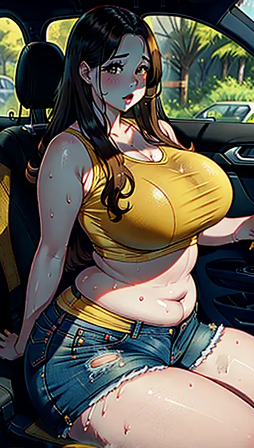 a photograph of, an ssbbw woman, brown eyes, short, sitting in backseat of car, smooth skin, pale skin, no makeup, bursting out of clothes, large forehead, small nose, cute, big eyes, plump lips, big mouth, thick lips, small breasts, natural small boobs, huge fat thighs, giant belly, huge love handles, belly hanging over waistband, giant juicy
gut, huge saggy belly, extra wide belly, big double belly, huge fat arms, spare tire, chubby, fat, obese, bbw, huge fat rolls, fat pussy, thicc, giant fat ass, huge fat butt, huge wide hips, light brown hair, straight hair, long hair, curved eyebrows, pale skin, sharp focus, editorial, detailed, artstation, yellow tanktop, yellow shirt, tight clothes, denim shorts, booty shorts, greasy, wet hair, sweaty, dripping sweat, drooling, smelly, dirty, filthy, nasty, feedism, weight gain