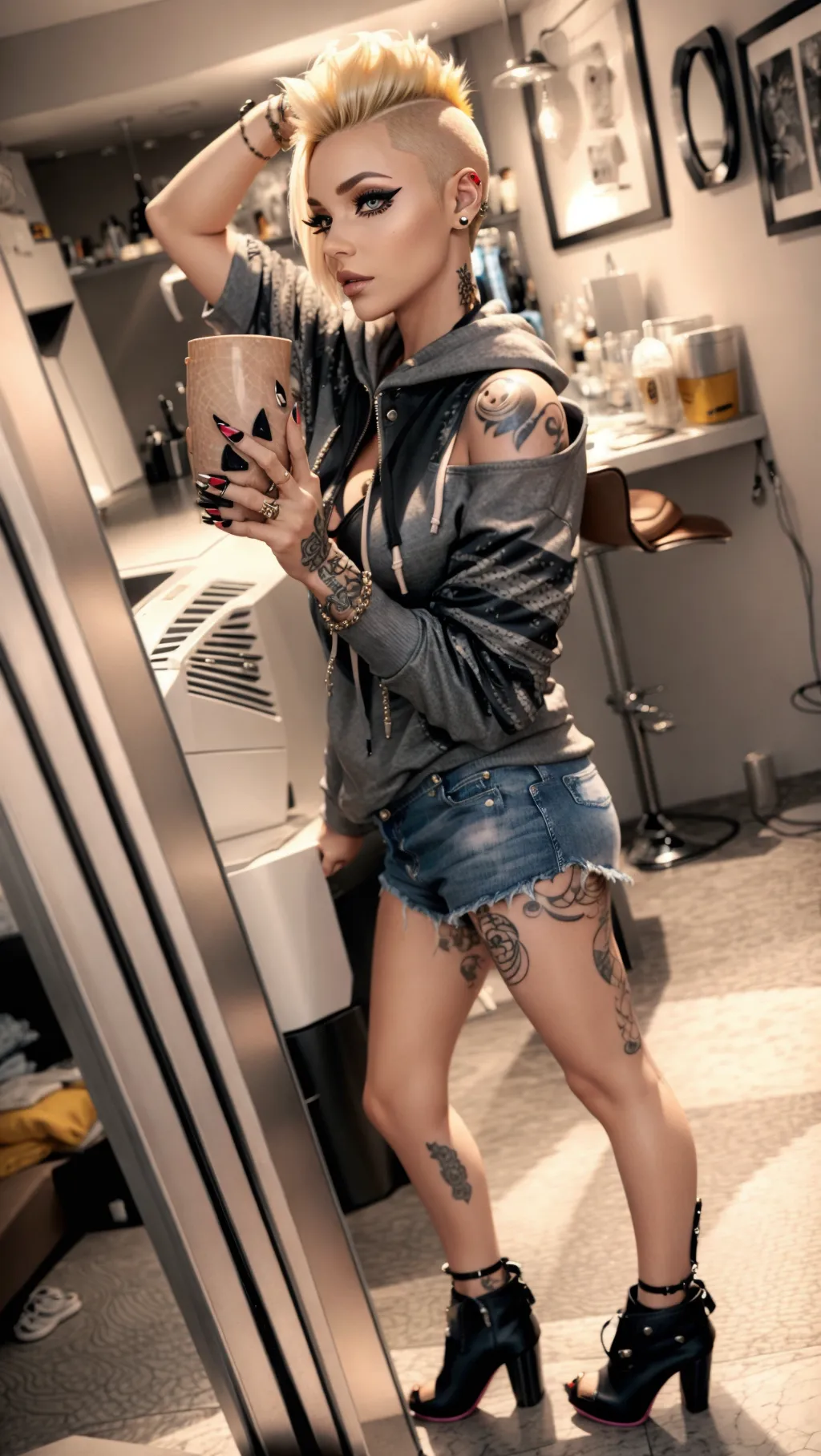 Side view, short blonde hair, mohawk, medium breast, off shoulder hoodie, jeans, high heel boots, tattooed, eyeliner