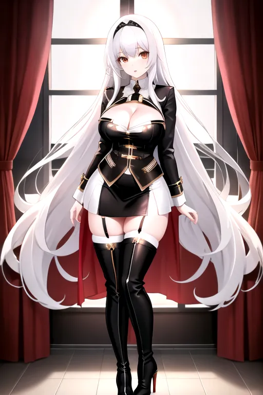long hair, white hair, brown eyes, miniskirt, giant breasts, looking at viewer, in living room, high heels, pale skin, thigh high boots, cleavage window