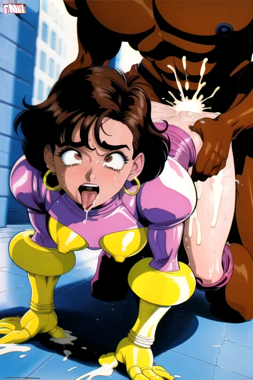 1990s Marvel comic book style, <lora:dpmg_fucked_from_behind:1>, Jubilee having sex with an alien monster, short black hair, brown eyes, slender figure, small round breasts, thin hips, furrowed brow, hoop ear rings, pink sunglasses, jean shorts, bare breasts, cum dripping out of her pussy, squirting cum,