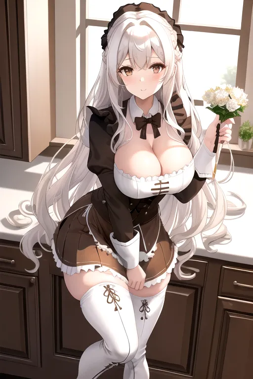 brown maid uniform, wavy hair, long hair, white hair, brown eyes, high heels, miniskirt, in kitchen, 4k, looking at viewer, pov, 1girl, cleavage, giant breasts, pale skinm thigh high boots