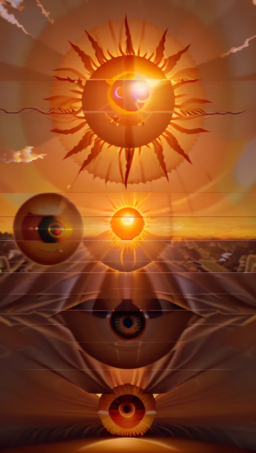 ((((the sun in the sky has a giant vertical pupil)))),
The village beneath the gigantic sunset,