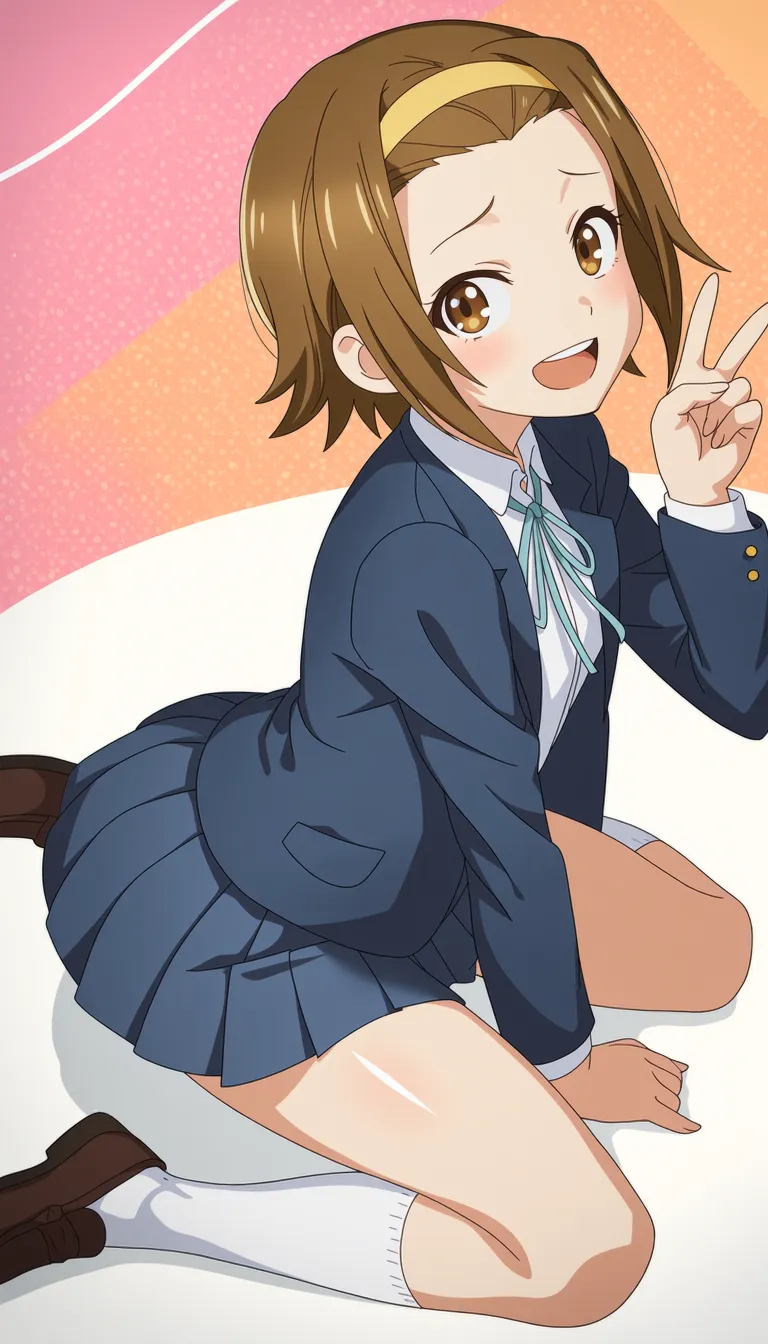 best quality, score_7, score_9, sensitive, very aesthetic, ultra detailed, fair skin, explicit, high contrast, 1girl, tainaka ritsu,
meisoochuu,
blush, brown eyes, brown long hair, full body, sidelocks, thighs, upper teeth only, blue jacket, blue ribbon, blue pleated skirt, brown shoes, collared dress white shirt, kneehighs, miniskirt, neck ribbon, white socks, yellow hairband, from above, from side, hand up, leaning forward, looking at viewer, open mouth, solo, turning head, v, long sleeves, socks, shoes, shirt, dress, teeth, jacket, school uniform, skirt, pleated skirt, ribbon, smile, hairband,
The character, identified as Tainaka Ritsu, is depicted in a dynamic, playful pose on the ground. She wears a dark blue school uniform with a white collar and a light green ribbon tied at her neck. Her short brown hair is styled with a yellow headband, and she has large, expressive brown eyes that are looking directly at the viewer. The background features a soft pink and orange gradient with a subtle polka dot pattern, adding a cheerful and vibrant atmosphere to the scene.