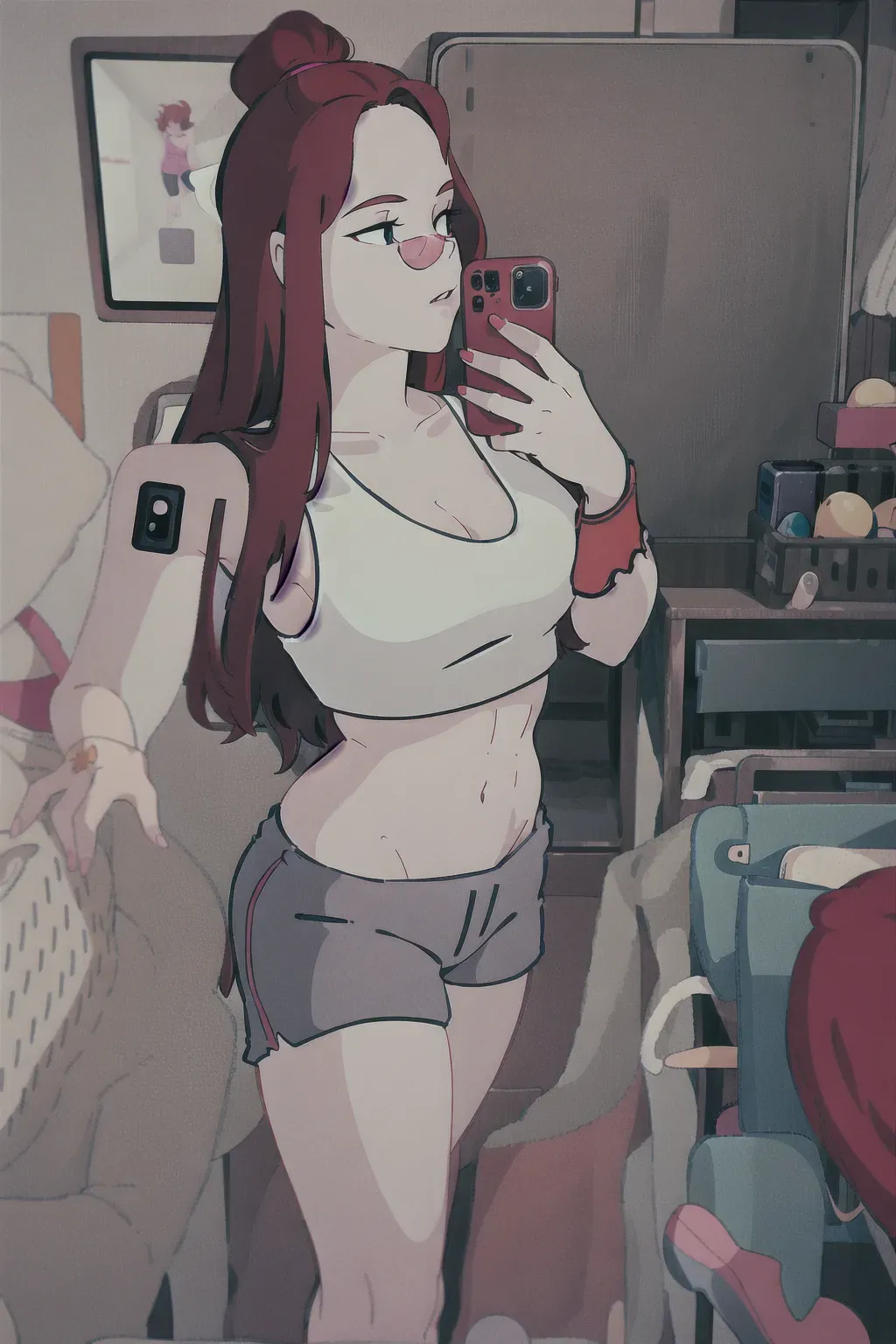 Cute girl with red hair holding an iphone, grey skimpy bra and booty shorts, <lora:dpmg_ghibli_style:1>