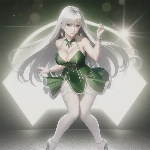 A high-quality erotic hyper-realistic photo of a short woman with long white hair, hazel eyes, f-cup breasts, pale skin, wearing a green minidress, silver earrings, a silver choker and silver high heels, full-body