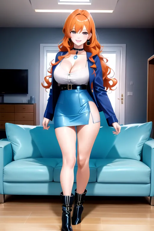 miniskirt, blue minidress, orange hair, choker, brown eyes, pale skin, giant breasts, boots, cleavage, high heels, looking at viewer, walking across room, living room, 1girl, smiling, wavy hair, 8K, Full body photo, slim body