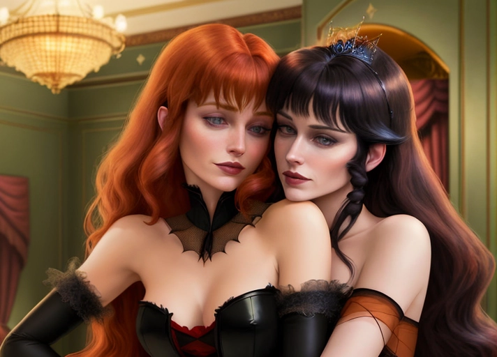 midnight in 1879 in the luxury penthouse suite at hotel Transylvania, Beautiful innocent long auburn haired with large deep blue eyes Queen Anna of Arendelle in elegant black gothic style posing hypnotized, in the hungry embrace of her new vampiric very pale short black haired friend Mavis with a blood thirsty smile from Hotel Transylvania convincing Anna to join her as a vampire. photorealistic. photorealistic.