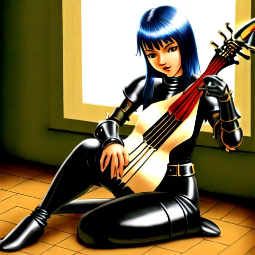 Humanoid feline,female, dressed in leather armor, playing (Lute),