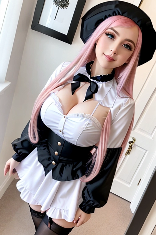 long hair, pale skin, pink hair, blue eyes, black choker, giant H-cup breasts, wavy hair, maid uniform, smiling, full body photo, 28 years old, miniskirt, cleavage, high heels