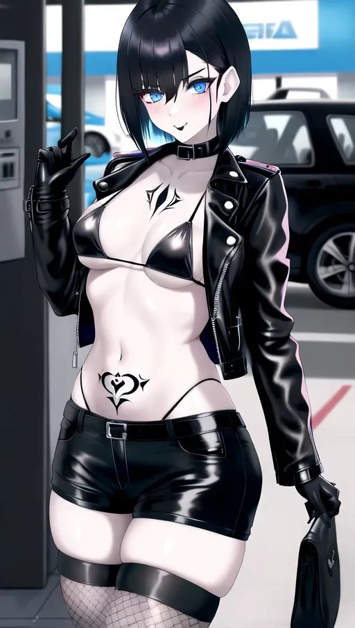 1girl, medium breasts, pale skin, tattoos, short black hair, blue eyes, goth, leather jacket, black shorts, fishnet stockings, black bikini, sexy, in public, cute, gas station, night time,