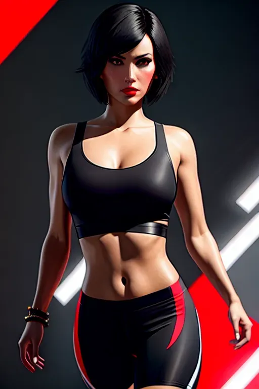 a concept art of, Faith Connors, from Mirrors Edge Catalyst, mixed Asian and Caucasian descend, wearing black and white runner clothes with red accents, running, red running shoes, over rooftops, small breasts, five fingers per hand, short straight black bob hair, charming face, tattoo, beautiful lips,brown eyes,curved eyebrows,textured skin,romantic,bokeh,artstation,surreal,sharp focus, editorial, full body in frame