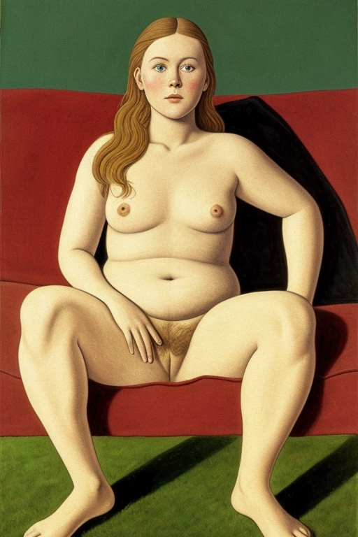 early painting by william kurelek of gorgeous swedish plump girl, looking at the camera, sexually aroused, rosy cheeks, on a velvet sofa