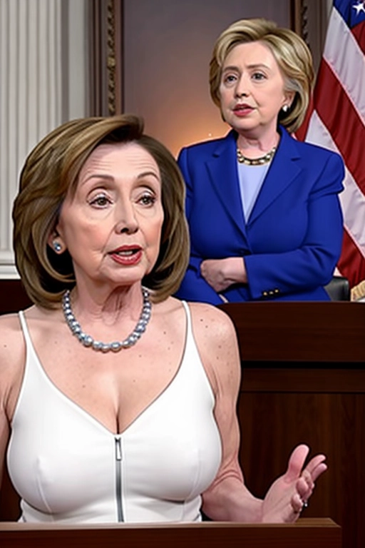 Nancy pelosi and hillary clinton, exposing titties at a court hearing, exposed breasts, realistic faces