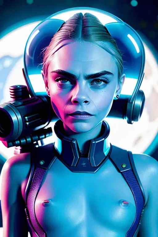cara delevingne, as a futuristic space alien with a ray gun in her hand