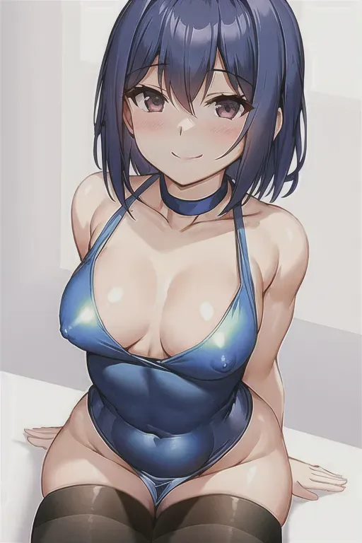 small breasts, lewd smile, erect nipples, muscular, showing breasts, blue dress, chocker, medium shot, wide hips, thick tights, bending over, oral sex, big penis, 1guy, 1 girl