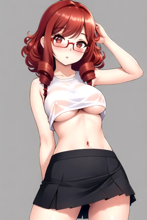 wearing a miniskirt,big eyes, long eyelashes, short red curly hair, skinny, perfect anatomy, cute pose, juicy pussy, medium tits, shy, blushing, round glasses, outside, underboob, no panties, petite, detailed, 4k quality, detailed drawing