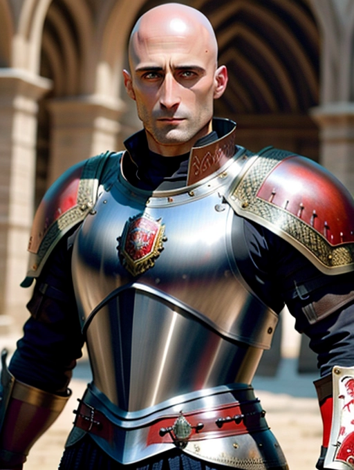 intricate highly detailed photorealistic realistic ultra realistic sharp focus with mark strong dressed in medieval lion armor with red accents