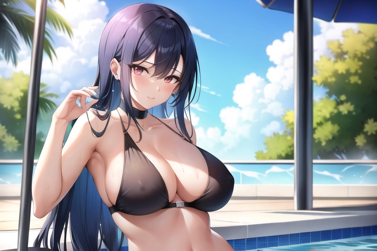 Mysterious Lady looking at the POV, posing at a swimming pool filled with other girls, teasing the viewer, curvy body, with wet clothes and wet long hair