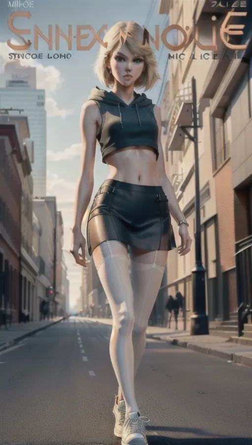 ((full-length realistic photograph from below)) Insanely detailed and intricate
((((front view)))) digital photo of
leggy ((very skinny)) ((flat-chested))((long slender legs))blonde hair with bangs ((year 2014)) (((extremely detailed face
taylor swift))) looking into camera
(((wearing midriff sleeveless hoody and transparent pantyhose and sneakers)))(pantsu)
(standing pose
walking
facing down camera)
(((bottomless)))
on the streetsa digital photo of, anorexic skinny taylor swift,long skinny legs,full body with legs pose,(((shoe magazine cover))),five fingers per hand,medium hair,charming face,beautiful lips,black eyes,curved eyebrows,curved eyelid,textured skin,joyful,unreal engine,editorial,cinematic lighting,8k,professional