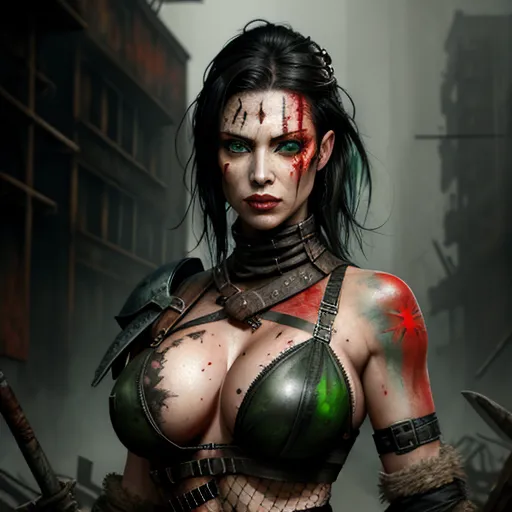 post-apocalyptic raider woman, heavily scarred but beautiful, wearing an outfit of leather straps, fishnet and lace, red and black hair, green eyes, portrait, showing cleavage and underboob digital art wet wash wet brush watercolor oil on canvas photoillustration dystopian