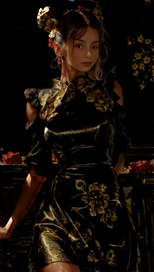 (Masterpiece), 8k resolution, best quality, hyper photo realistic,
Highly realistic details, perfect lighting,
Brunette girl, sexy,
Slim body, slender figure, small tits,
Perfect face, high detailed face,
Perfect body, light complexion,
((Hair in a bun)), presenting pussy,
Skirt lift, (((black dress with red and gold floral patterns))), (shaved pussy), ((in class))