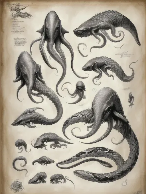 ((8k, high detail, ultra-crisp, high resolution)) character design sheet from ((style of artwork Edward Binkley, ed binkley))
(((snake mixed with a giant squid))
video game concept art))) realistic animal anatomy (strong line art)