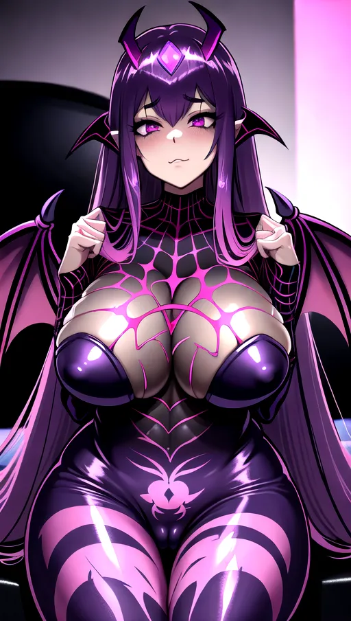 best quality, ultra high res, detailed face and eyes, perfect face, big shining heart choker, earrings, jewelry, very long voluminous hair, (pink glowing hair:1.2), lipstick, purple long sleeves, purple glowing heart, demon mark, straight hair, (big boobs:1.3), black demon horns, very very long hair, perfect face and eyes, straight hair, sexy succubus girl, pink glowing eyes, (demon wings:1.4), (wet cameltoe:1.2), (purple corrupted symbiote suit:1.5), bedroom, (pink glowing demon diadem:1.4), (dark spiked crown:1.2), (thick red succubus tail:1.3), demon tail, (pink glowing heart pasties:1.2), (laying on couch:1.3), shiny leather, purple leather skin, purple skin, hearts everywhere, wet succulent boobs, wet, her hands are claws