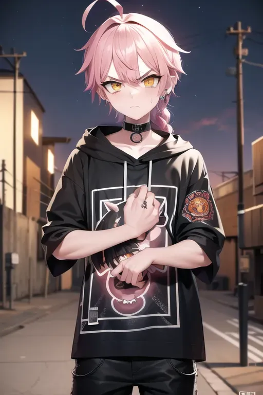 delinquent street punk in emo style clothes standing in refinery holding up the middle finger, looking at viewer, 1boy, braid, (huge ahoge:1.3), angry, closed mouth, frown, standing, torn clothes, piercings, jewelry, tattoos, finely detailed background, amazingly intricate background, incredibly absurdres, best quality, <lora:dpmg_middle_finger:1>