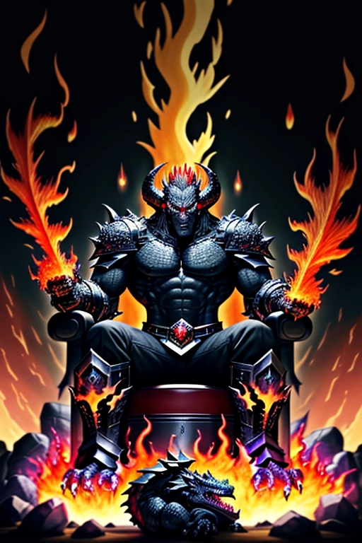 Brutallus, Large Elder Dragon, Black dragon Lord, Human Male, Black scales, Black an red horns, Fiery red eyes, Sitting on a skull throne, surrounded in flames