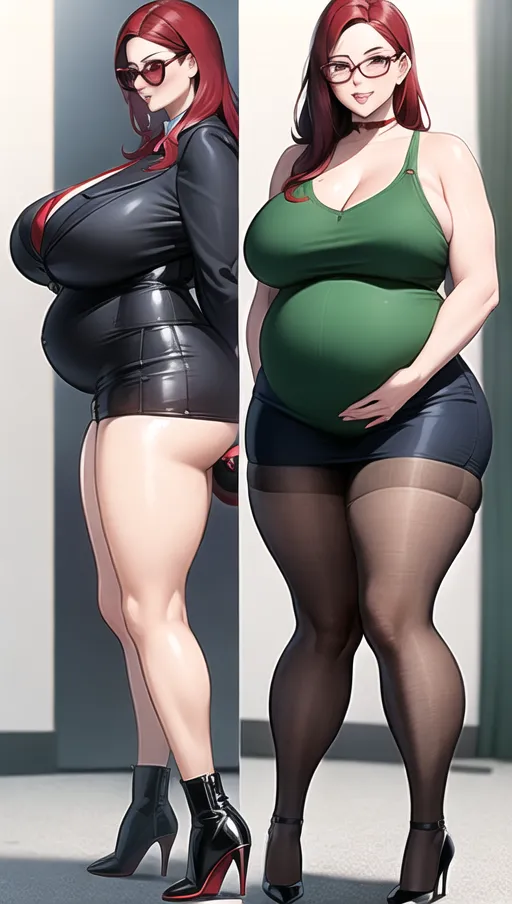 Dark red hair, sexy glasses,Sexy women,
sexy teacher, classroom background ,big boobs,pregnant gigantic belly,fat belly and fat boobs,weight gain, weight gain big belly, gigantic fat belly,fat belly ,huge pumped up belly, nylon Socks, black high heels boots, nude boobs, a huge massive belly 2 times the size of the person, ((before and after weight gain)) ,<lora:dpmg_pov_Big_fat_belly:1> ,