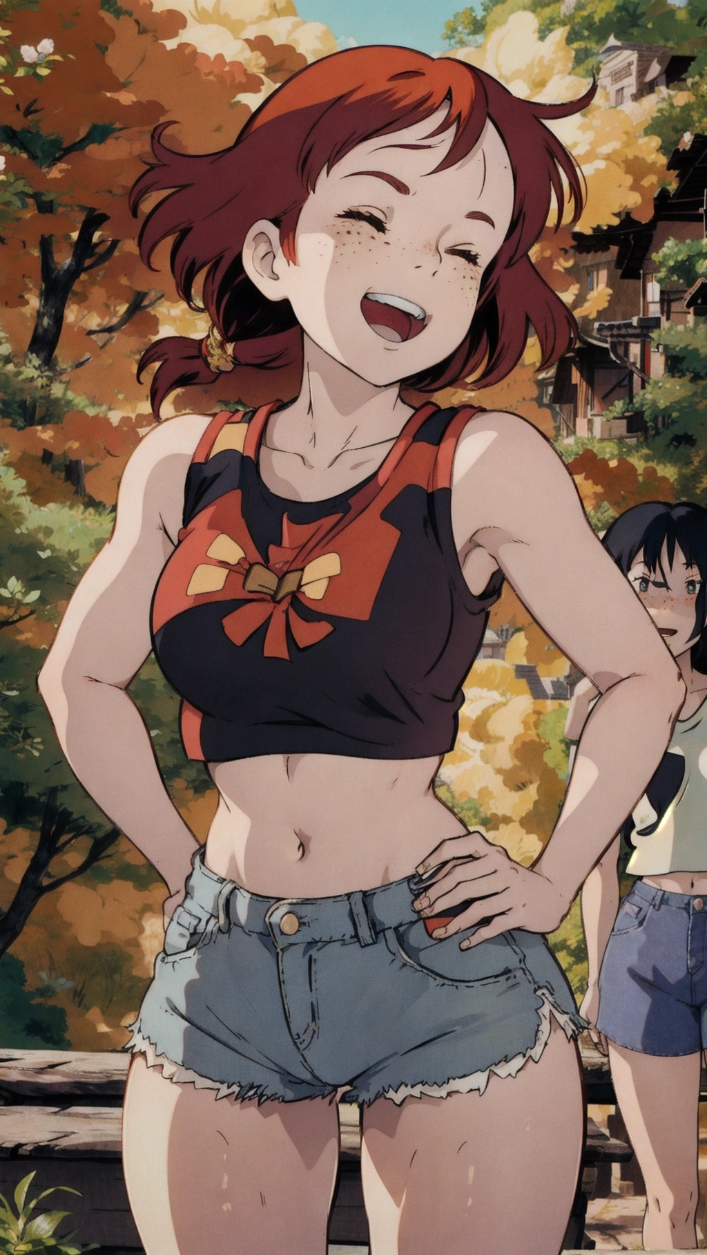 Ghibli style, A woman, red hair, freckles, small boobs, shorts, crop top shirt, sexy, close up, in a small town, nature, laughing, eyes closed, <lora:dpmg_ghibli_style:0.92>
