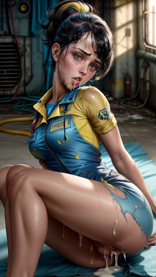 photo depicting the sexiest young Ella Purnell, nude, short, fit, ((big eyes)), ((bangs)),((black hair with bangs pulled into a ponytail)), (((intense female orgasm))), realistic light and shadows, ultra-realistic, high level of detail, extremely high resolution, ((shocked expression)), looking at viewer, ((laying down on the floor)), next to floor to ceiling windows, showing off wet pink pussy, (((wearing torn up ripped apart blue and yellow vault tech jumpsuit from the Fallout 4 video game ))), (legs spread), ((shaved vagina)), about to be ravished, last few seconds as a virgin, hard nipples, ((cum dripping from mouth)), <lora:dpmg_add_detail:1>