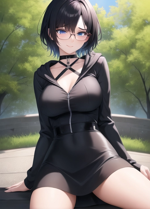 (masterpiece), absurdres, smooth, soft lines, soft edges, perfect edges, (soft lighting), (soft glow), perfect anatomy, detailed background, hair with great details, perfect eyes, perfect face, ((serious expression)), rounded face,
lip gloss, smiling, ((flushed cheeks)), erotic, full body view, goth girl sitting on park bench,
((Black hair)), ((short hair)), pale skin, ((short stature)), ((medium breasts)), blue eyes, black eye liner, hoodie, wide hips, narrow waist, short skirt, stockings, glasses, choker, thick thighs,