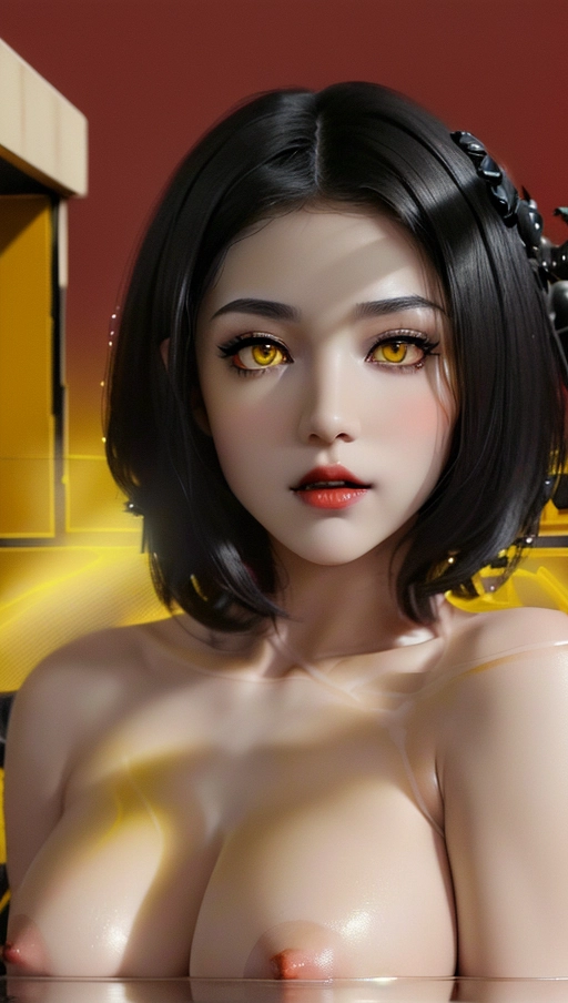 A 8k resolution photo shot of vampire, ultra detailed, ultra detailed skin, Adult porn star woman, masterpiece, (realistic, photo-realistic:1.37), thoughtful face, ((yellow eyes)), round face, greyish skin, ((short black hair,)) heavy eyeshadow, heavy black eyeliner, body tattoos, freckled face, large breasts, dark red lips, highly detailed skin textures, highly detailed eyes, ((blank red background)), gorgeous face, bare neck, professional photograph, dramatic bright lighting, (((completely naked))), wide face, Chubby cheeks. wide neck, smooth skin
