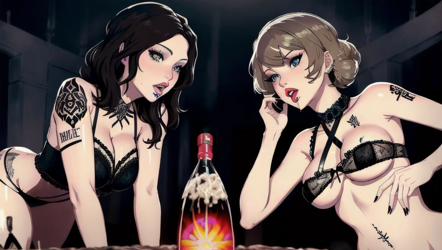 Jennifer Lawrence and Taylor Swift giving me a blowjob, brunette, goth chick, slutty lingerie, covered in cum, nsfw, pierced, black tribal tattoos, masterpiece, mouths open, hypnotized, no cropping