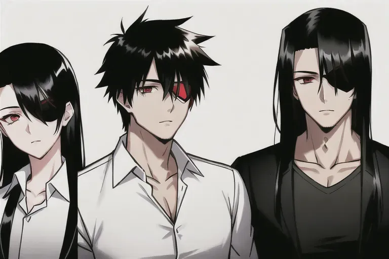 man,black hair, red eyes, sharp eyes, dead eyes, handsome,mature man,smooth skin, eyepatch in left eye