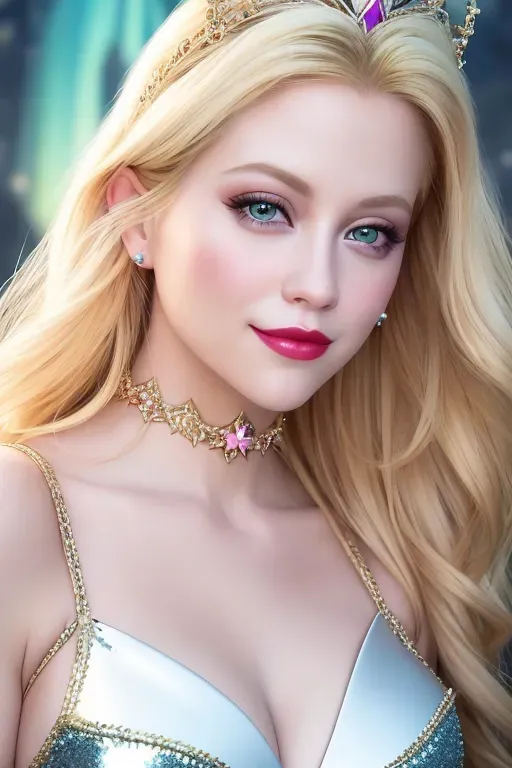an ultra realistic photo of Aurora from Disney, blonde hair, oversize eyes, doe eyes, lustful gaze, smile, princess dress, cleavage, shiny lipstick, big lips, sexy pose, high quality